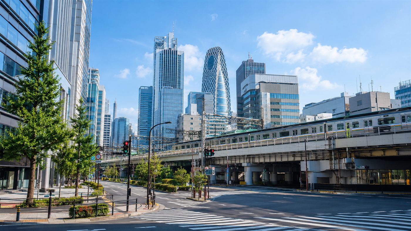 Skyscrapers and an elevated train line in central Tokyo