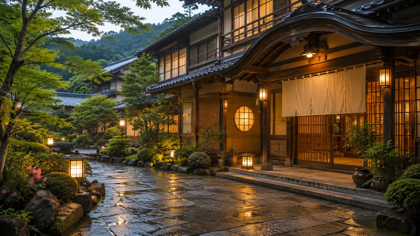 A traditional Japanese ryokan inn at dusk