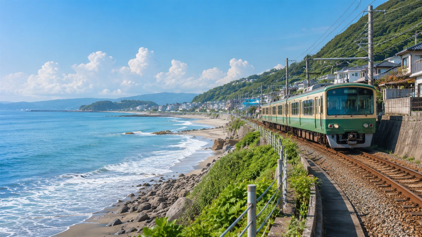 A train running along the coast near Kamakura