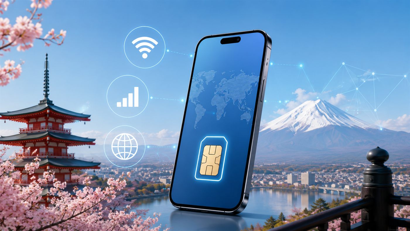 A smartphone showing an eSIM and connectivity icons, with Mount Fuji behind