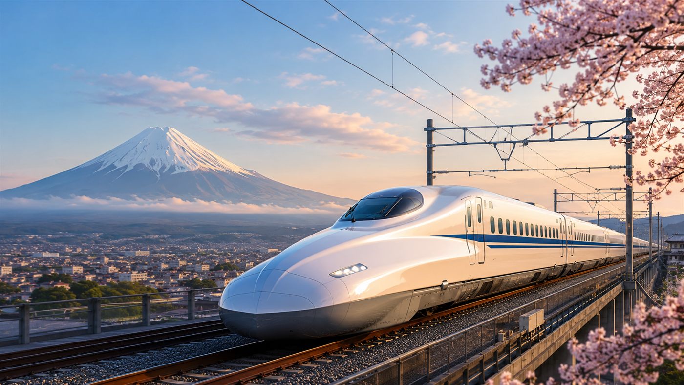 A shinkansen bullet train passing Mount Fuji