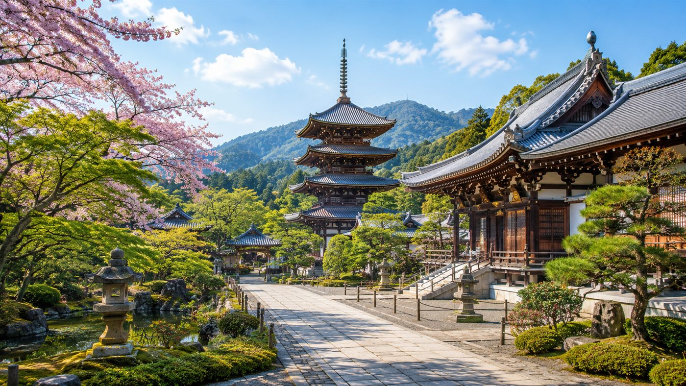 A Japanese temple and pagoda among cherry blossoms